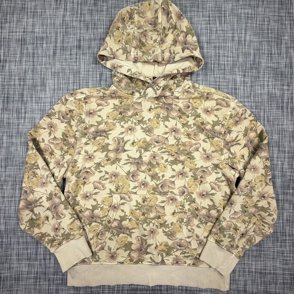 Sun + Stone Men Floral Mash Hoodie M Beige Botanical Cotton Blend Pullover